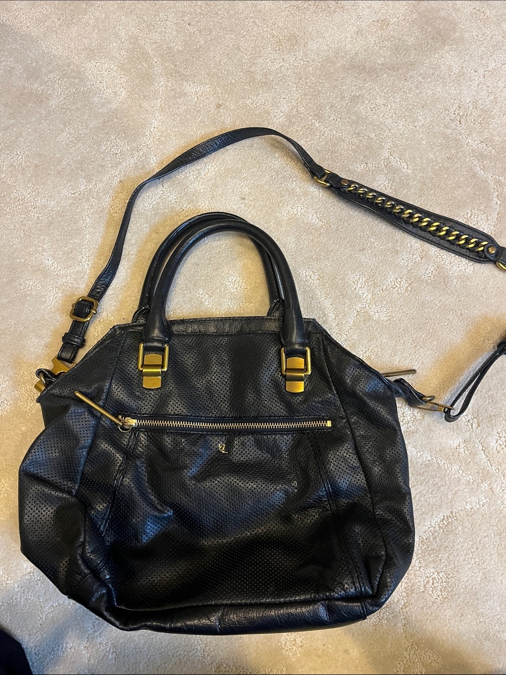 Elliott Lucca Black Leather Crossbody Satchel with Gold Hardware
